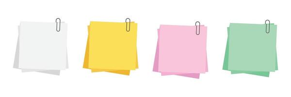 Paper note with clip set in flat style. Note paper pieces illustration on isolated background. Sheets of note papers sign business concept. vector