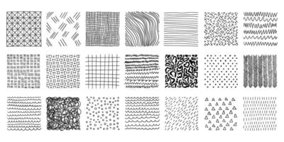 Hand drawn patterns in square icons set in flat style. Doodle sketch illustration on isolated background. Chaotic random waves sign business concept. vector