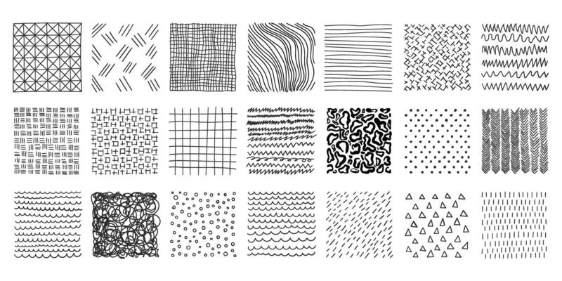 Hand drawn patterns in square icons set in flat style. Doodle sketch illustration on isolated background. Chaotic random waves sign business concept.