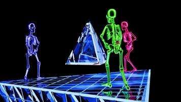 VJ loop with glowing skeletons and geometric shapes in a futuristic setting video