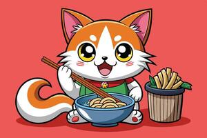 A cheerful cartoon cat enjoys a bowl of noodles with chopsticks, surrounded by delicious snacks in a vibrant and playful setting vector