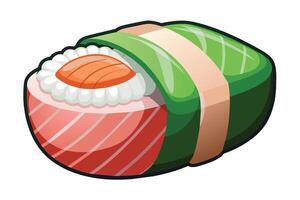 Sushi roll with salmon, rice, and seaweed, presented on a white background for a vibrant culinary display vector