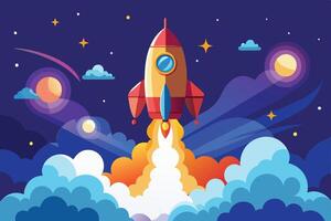 A vibrant rocket launches into a starry night sky, surrounded by colorful clouds and celestial bodies, symbolizing exploration and adventure vector