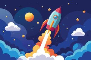 A colorful rocket soaring through clouds on a starry night with a planet in the background vector