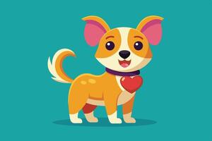 Cute cartoon corgi puppy standing happily on a bright teal background with a heart-shaped tag around its neck vector