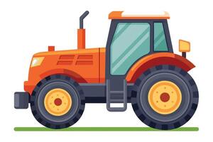 Bright red tractor parked on green grass in a sunny agricultural field during a clear day, showcasing its simple yet robust design vector