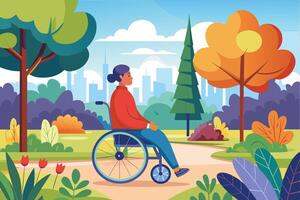 A person in a wheelchair enjoys a peaceful walk in a vibrant park surrounded by green trees and colorful flowers during a sunny day vector