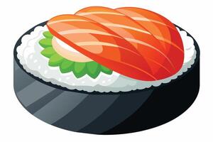 Fresh sushi roll featuring salmon and layers of rice garnished with lettuce, ideal for a light meal at a Japanese restaurant vector