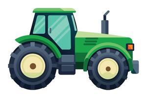 Green tractor parked on the field, ready for use in agricultural activities during the day in a rural setting vector