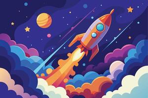 Colorful rocket launch into space with planets and clouds during a bright night sky vector