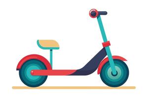 A colorful scooter with a blue handlebar and red wheels parked on a flat surface, showcasing modern design and vibrant colors vector