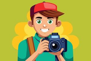 A cheerful young boy with a camera explores photography against a vibrant green background filled with yellow shapes in an animated style vector