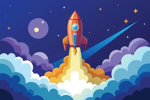 A colorful rocket launching into space surrounded by clouds and stars in a vibrant night sky vector