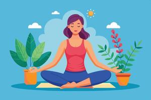 Woman practicing yoga in a serene indoor space surrounded by plants on a sunny day vector