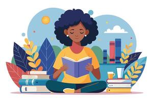 A young woman enjoys reading a book while surrounded by colorful books and a serene outdoor setting on a sunny day vector