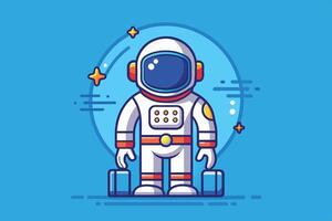 A cartoon astronaut stands against a blue background surrounded by stars and simple cosmic elements, showcasing space exploration creativity vector