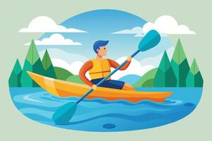 A person kayaking on a calm lake surrounded by lush green trees and mountains under a bright blue sky in a serene outdoor setting vector