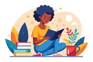 A young woman reading a book while sitting beside colorful plants and a stack of books in a cozy indoor environment during the day vector