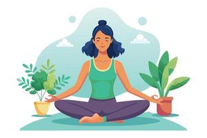 A woman practices mindfulness and meditation amidst green plants in a tranquil setting during a sunny day vector