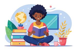 A young girl relaxes while reading a book surrounded by books, a globe, and potted plants in a cozy, colorful study environment vector