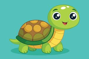 Cute cartoon turtle with big eyes and a smiling face on a turquoise background in a playful and cheerful pose during bright daylight vector