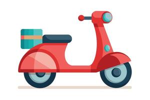 Bright red scooter with a delivery box parked on a plain background, designed for efficient transportation and delivery services vector