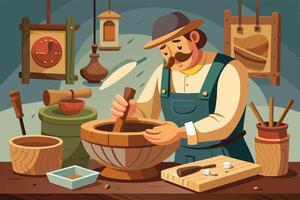 Craftsman shaping wooden bowl in workshop filled with tools and crafts during daytime vector