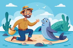 A man interacts happily with a friendly seal on a sandy beach during a sunny day in a coastal environment vector