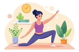 A woman practicing yoga in a home setting with plants and a clock on the wall during morning hours vector