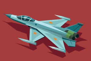 Aerial view of a sleek military aircraft with green and gray details, showcasing its sharp design against a red background vector