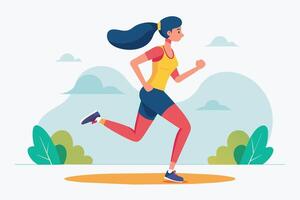 A woman jogging outdoors in a vibrant park setting during a sunny day while enjoying her exercise routine and staying active vector