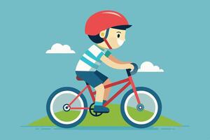 A child riding a red bicycle on a grassy hill under a clear blue sky with fluffy clouds during a sunny day vector