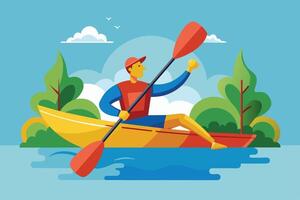 Person kayaking on a calm lake surrounded by lush trees and a clear blue sky in a vibrant, sunny scene vector