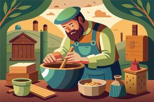 A craftsman carefully blends ingredients in a rustic setting surrounded by nature during golden hour vector