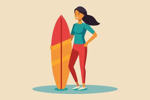 A young woman with a surfboard stands on a beach, smiling confidently on a sunny day while preparing to catch some waves vector
