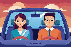 A young couple enjoys a scenic drive at sunset, smiling and engaged, with colorful clouds in the background on a clear sky vector