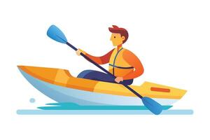 A person kayaking on a serene lake, gliding through the calm waters in a vibrant yellow kayak during a sunny day vector