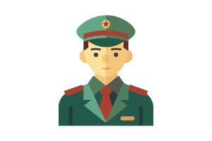 A military personnel character in formal uniform with cap, presenting a serious demeanor in a stylized, flat design vector