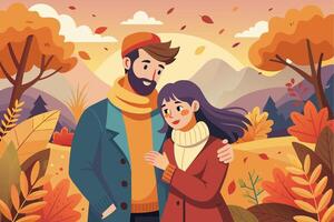 Couple enjoying a walk through a colorful autumn landscape with vibrant foliage and mountains in the background during sunset vector