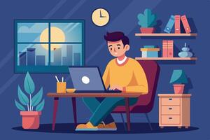Man working on a laptop at a cozy home office during sunset with plants and bookshelves in the background vector