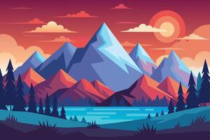 Vibrant sunset over serene mountains and lake with colorful clouds and lush forests in a tranquil landscape setting vector