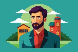 A man with a beard and stylish haircut stands in front of colorful houses and greenery during a bright day vector