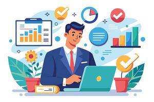 A businessman analyzes data and charts while working on a laptop surrounded by plants and office supplies in a modern workspace vector