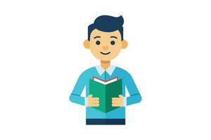 Young man happily reading a book indoors, showcasing enthusiasm for learning and enjoying literature in a bright environment vector