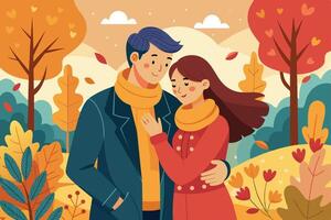 Couple in autumn attire sharing a moment in a colorful park surrounded by trees and falling leaves on a warm autumn day vector