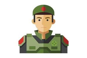 Cartoon soldier illustration wearing a green uniform with patches, standing against a plain backdrop, representing military themes and figures vector