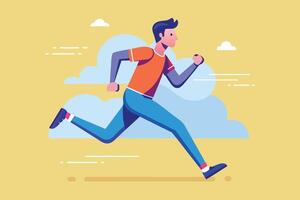 A person runs energetically in a colorful cartoon style against a bright sky and fluffy clouds during a sunny day vector
