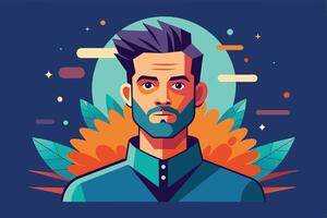Digital portrait of a young man with a beard surrounded by colorful flowers and foliage set against a bold blue and green background vector
