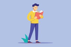 Young man reading a book while standing on a grassy patch against a solid light blue background vector