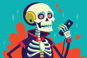 A cartoon skeleton with vibrant colors checks a smartphone while posing playfully against a bright background vector